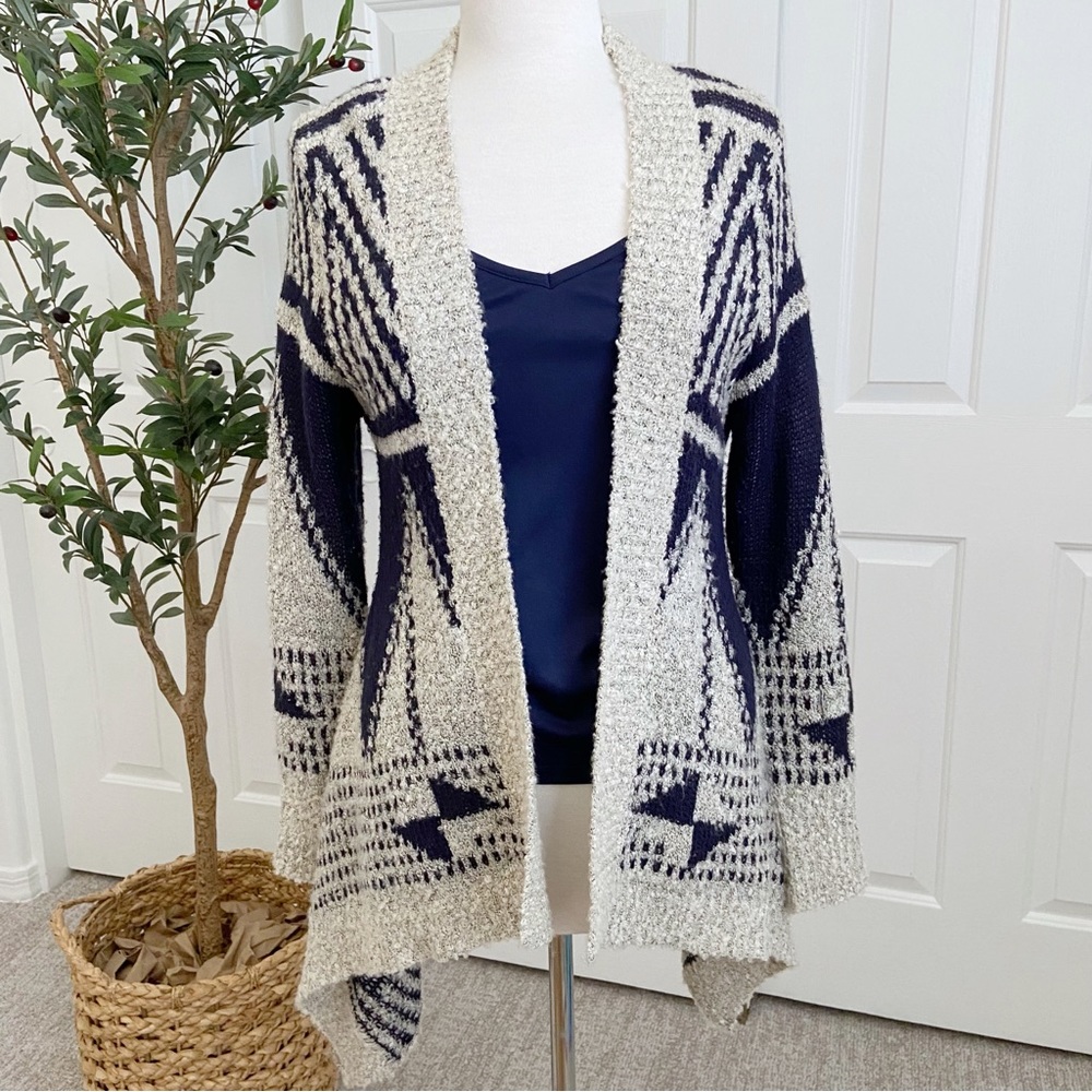 Long Open Cardigan Very Soft Cozy Navy Light Gray